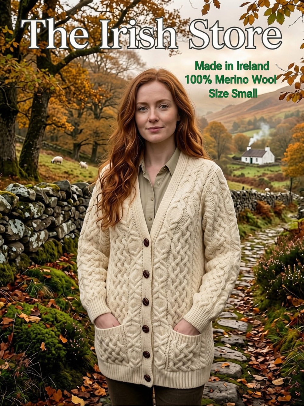 THE IRISH STORE Women's 100% Merino Wool Cable Knit Cardigan Sweater Small Cream